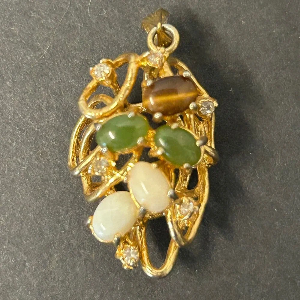 Pendant Women Gold Filigree Simulated Tiger Eye, Jade, and Opal Rhinestone